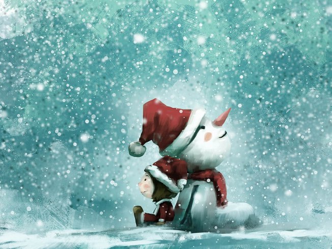 digital painting of cute girl with snowman in wintertime