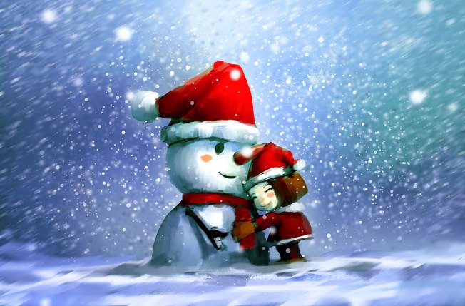 digital painting of cute girl with snowman in wintertime