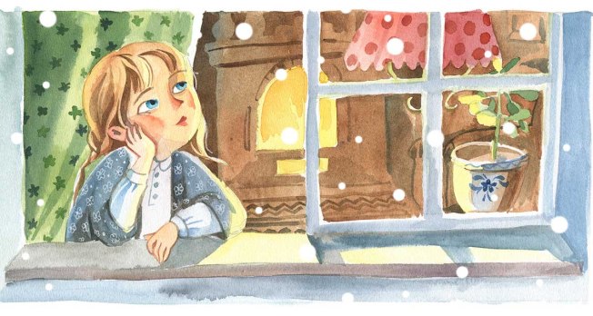 Watercolor illustration. Front view of the little girl, who looks through the window to the street in the warm room with curtain and fireplase. The indors scene